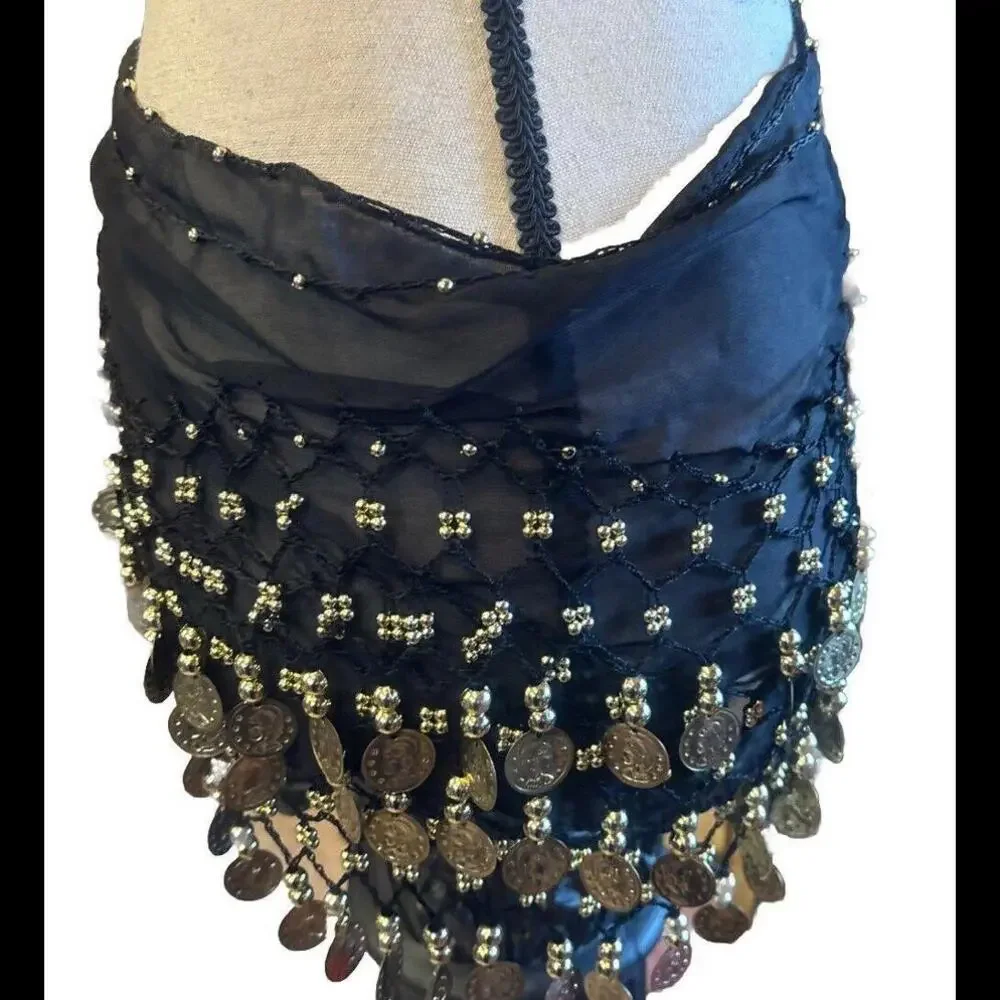 👠🥻🖤 Black Sheer Golden Coins Hip Scarf Belly Dancing Cosplay Fun